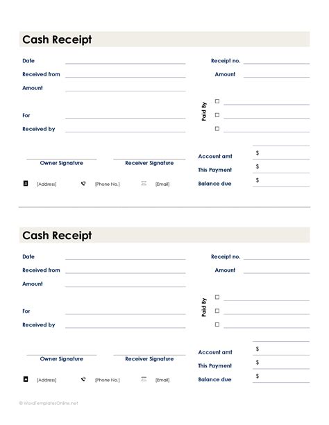 Cash Receipt Template Printable .